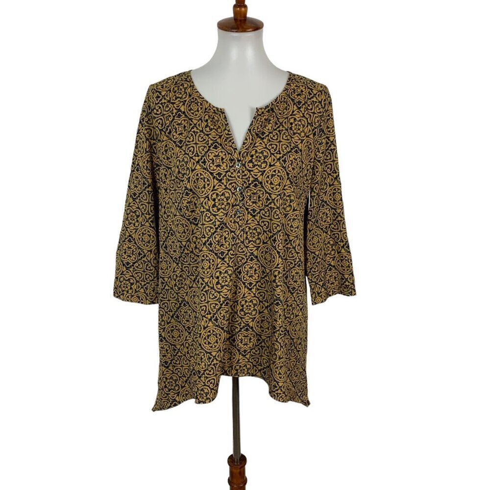 14th Union Blouse Top Medium Brown Gold Print Long Sleeve Workwear‎